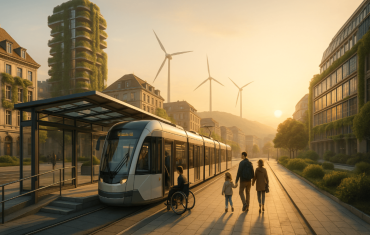Conceptual artwork for the FutureMinds project showing a modern electric tram and people in a green, sustainable city with wind turbines.
