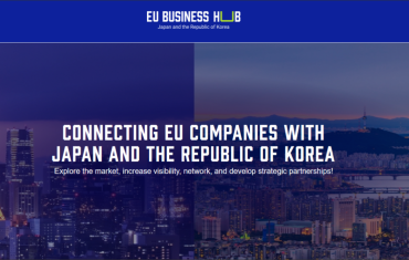 U Business Hub promotional banner showing the Tokyo and Seoul skylines at night, with text connecting European companies to markets in Japan and South Korea.