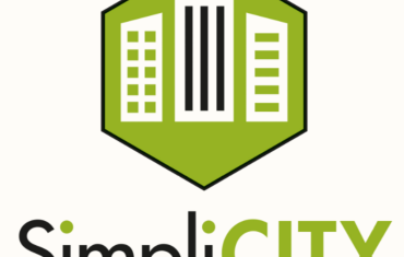 The official SimpliCITY project logo featuring three white city buildings inside a green hexagon, with the text 'SimpliCITY' below it.