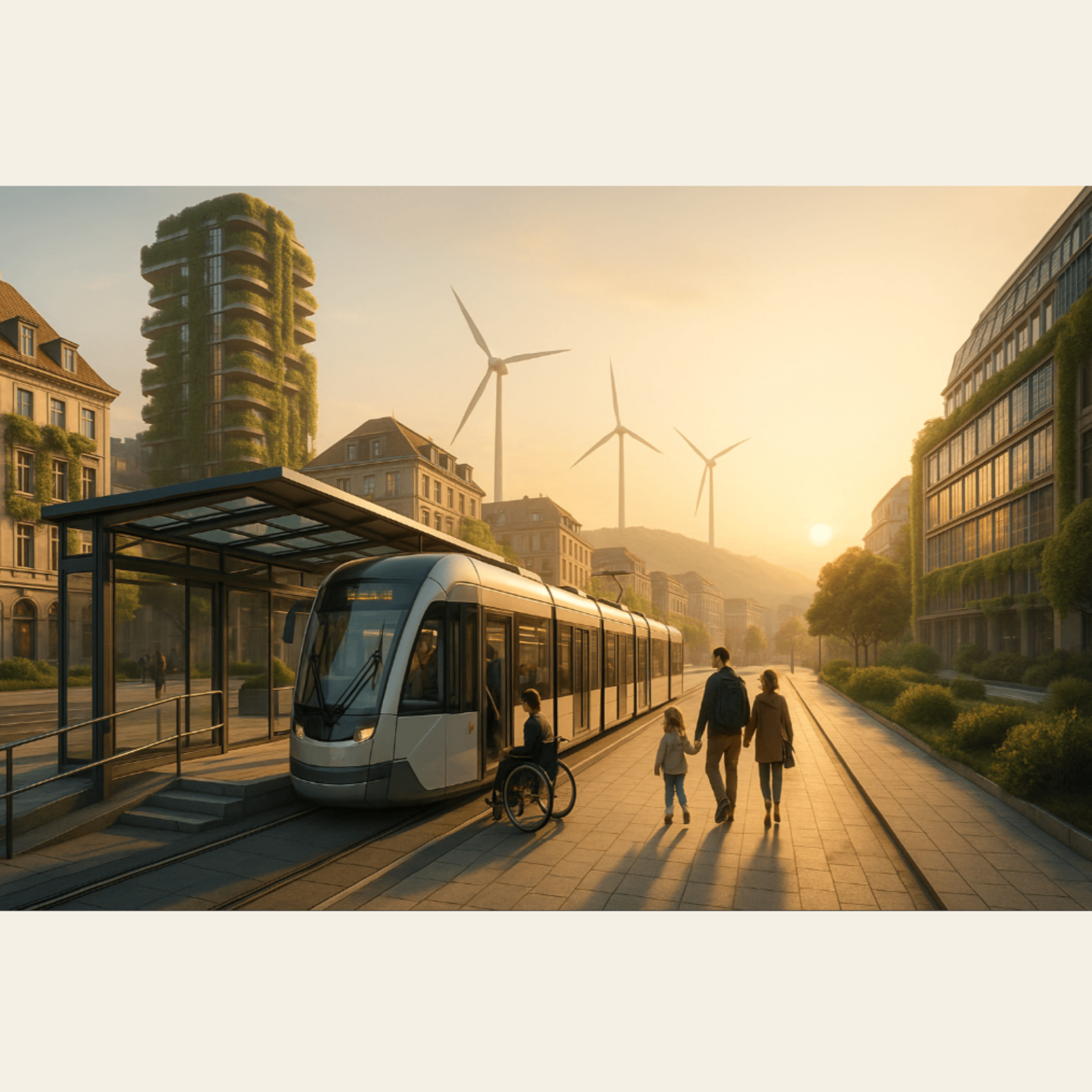 Conceptual artwork for the FutureMinds project showing a modern electric tram and people in a green, sustainable city with wind turbines.