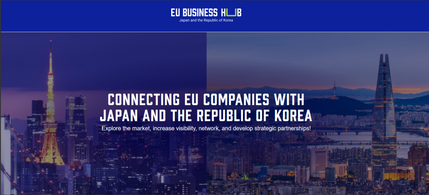 U Business Hub promotional banner showing the Tokyo and Seoul skylines at night, with text connecting European companies to markets in Japan and South Korea.