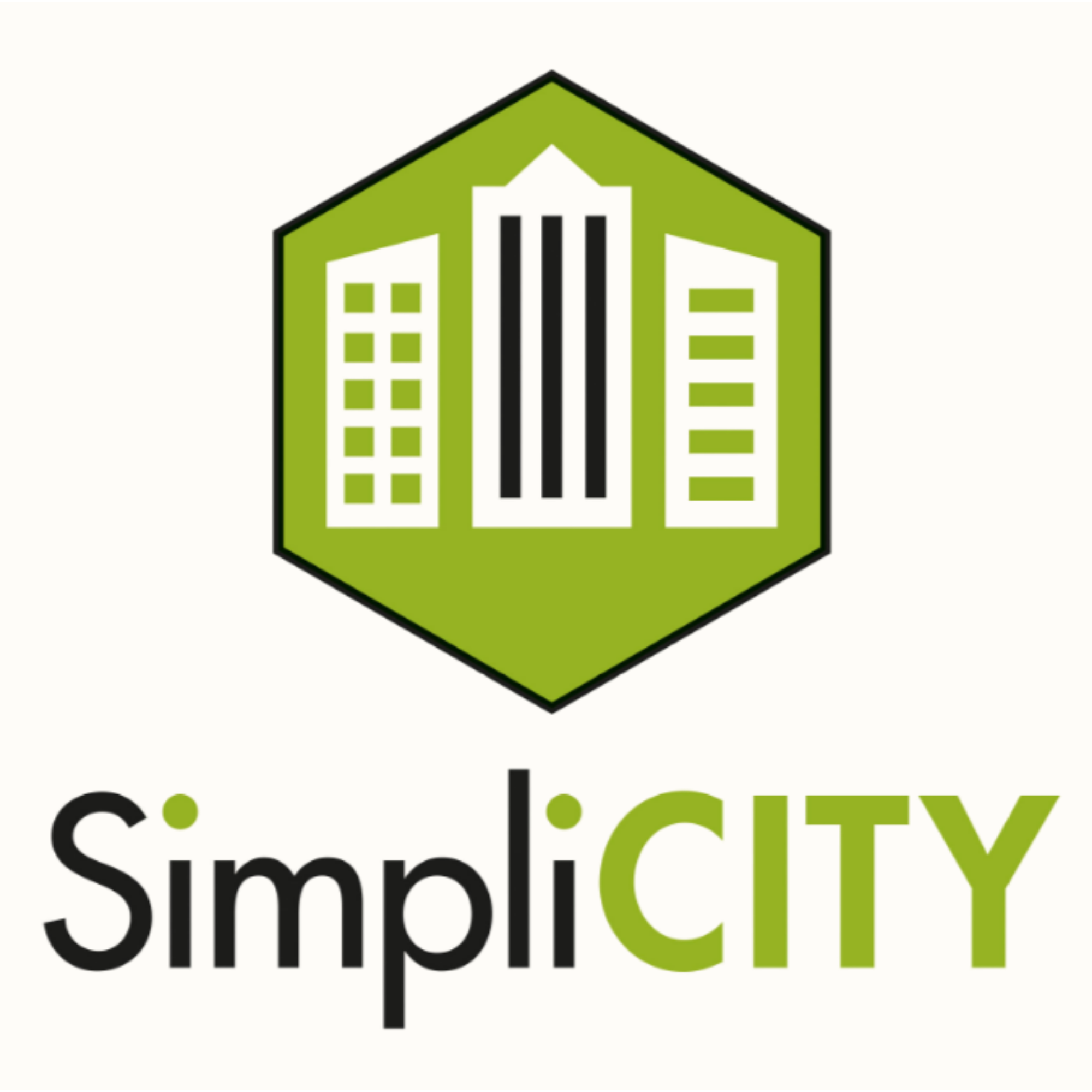 The official SimpliCITY project logo featuring three white city buildings inside a green hexagon, with the text 'SimpliCITY' below it.