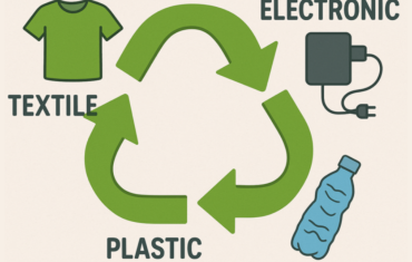 A recycling symbol made of three curved green arrows forming a triangle on an off-white background. The graphic features three labeled icons representing different waste types: a green t-shirt labeled "TEXTILE" on the left, a black charging adapter with a plug labeled "ELECTRONIC" on the upper right, and a crumpled blue water bottle labeled "PLASTIC" on the bottom right.