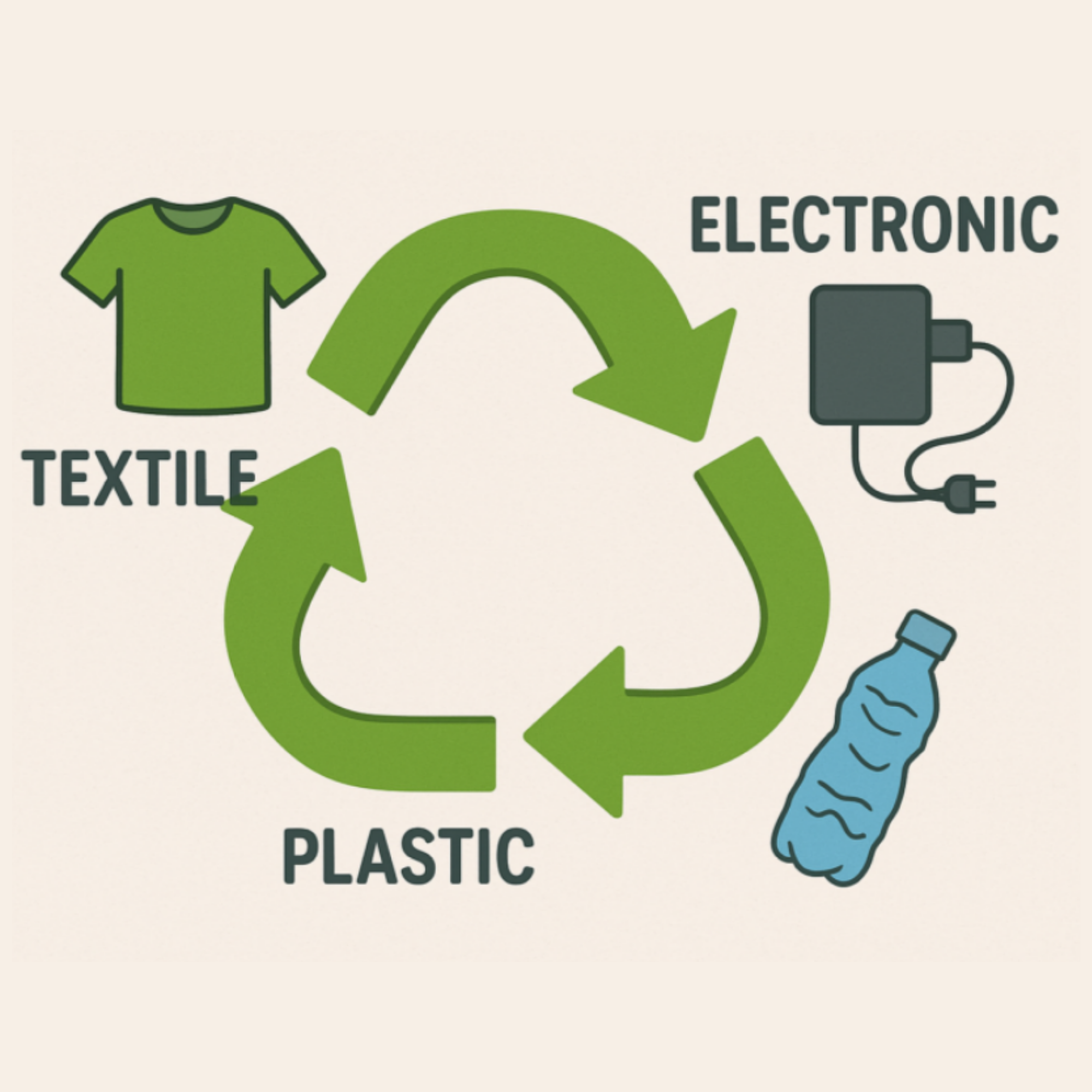 A recycling symbol made of three curved green arrows forming a triangle on an off-white background. The graphic features three labeled icons representing different waste types: a green t-shirt labeled "TEXTILE" on the left, a black charging adapter with a plug labeled "ELECTRONIC" on the upper right, and a crumpled blue water bottle labeled "PLASTIC" on the bottom right.